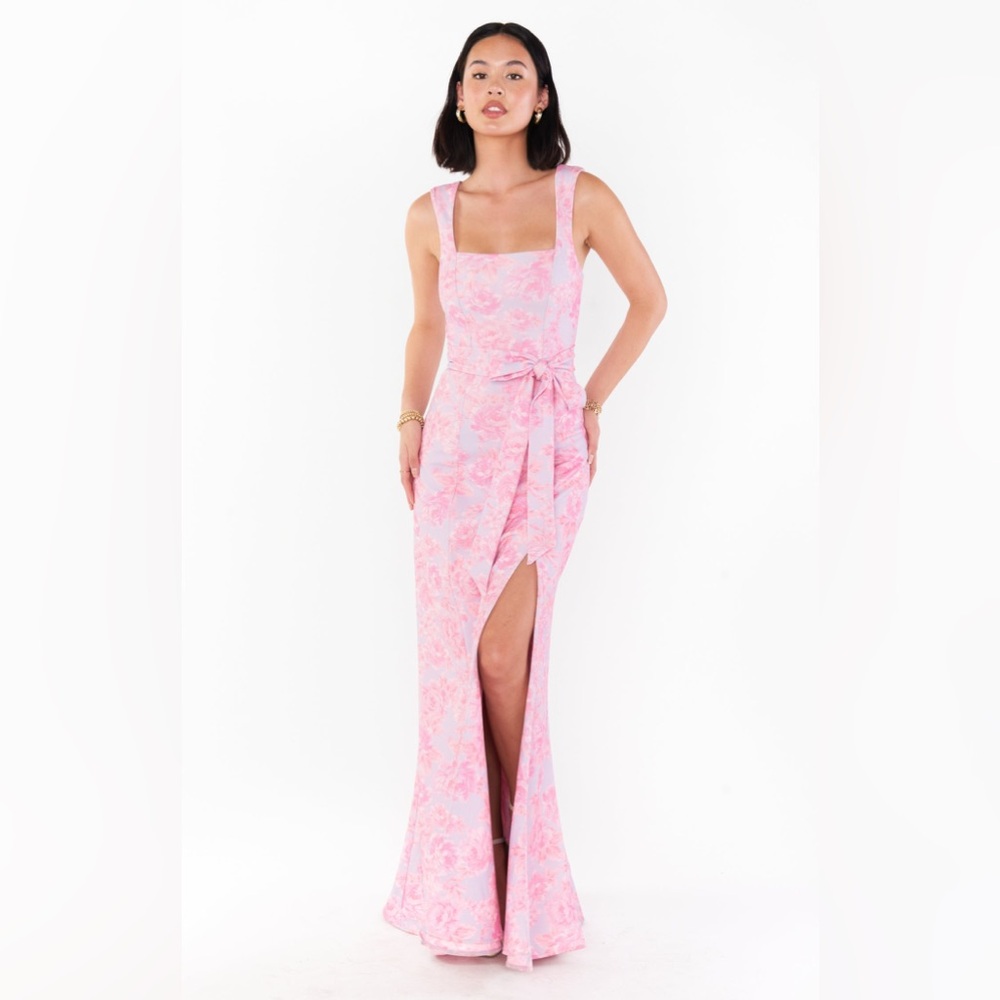 Sleeveless Pink Floral Maxi Dress with Front Slit